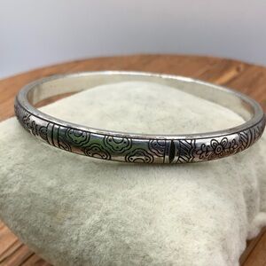 Brighton Silver-Tone Floral and Love Pattern Engraved Bangle Bracelet